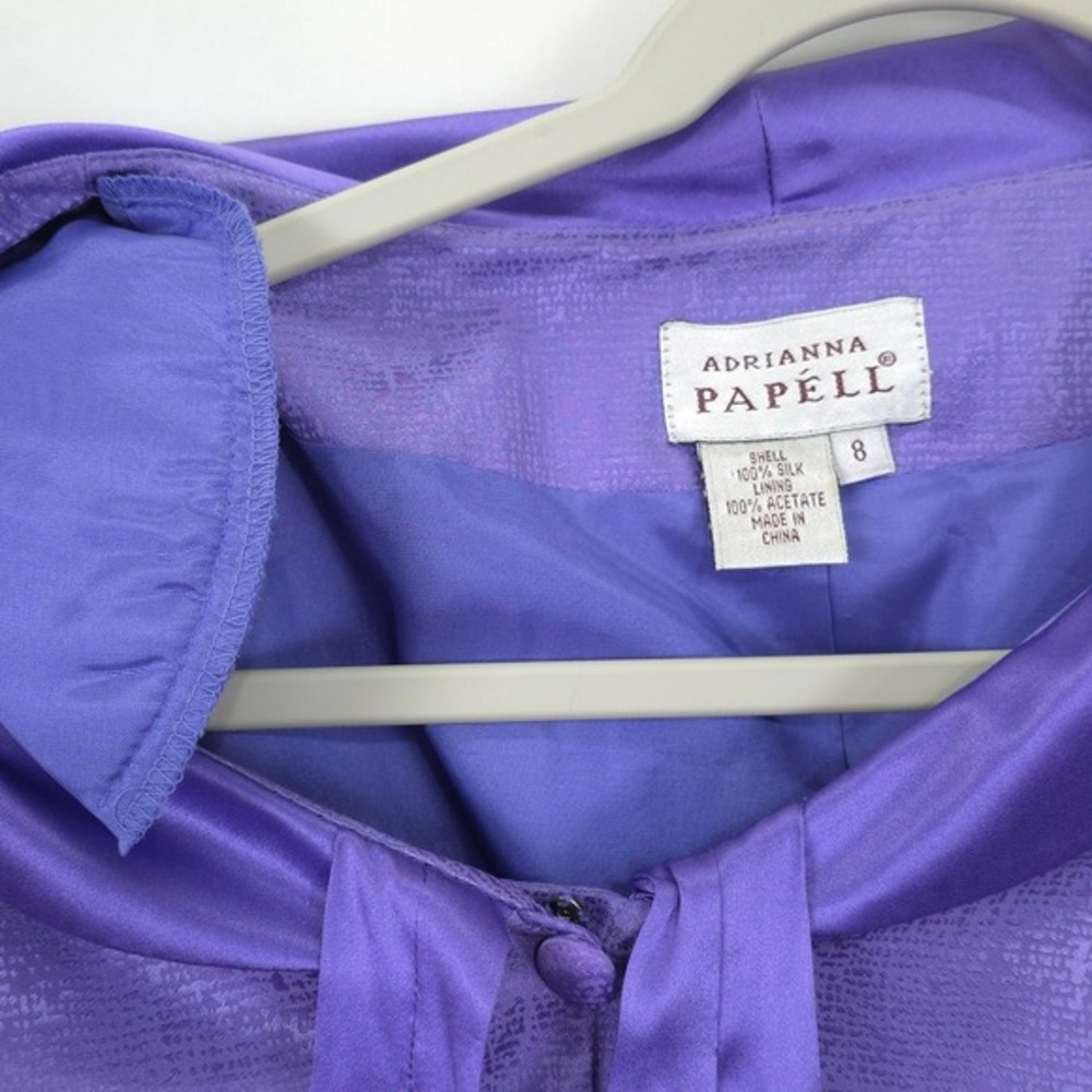 Adrianna Papell Silk Skirt Suit Set Purple Textured Tie Neck Career Wear VTG 90 - Picture 14 of 15